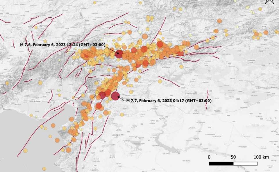 mappa epicentri della sequenza di febbraio 2023